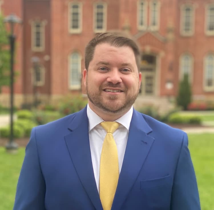 Paul Heddings, photographed in front of Woodburn Hall on the West Virginia University Campus.